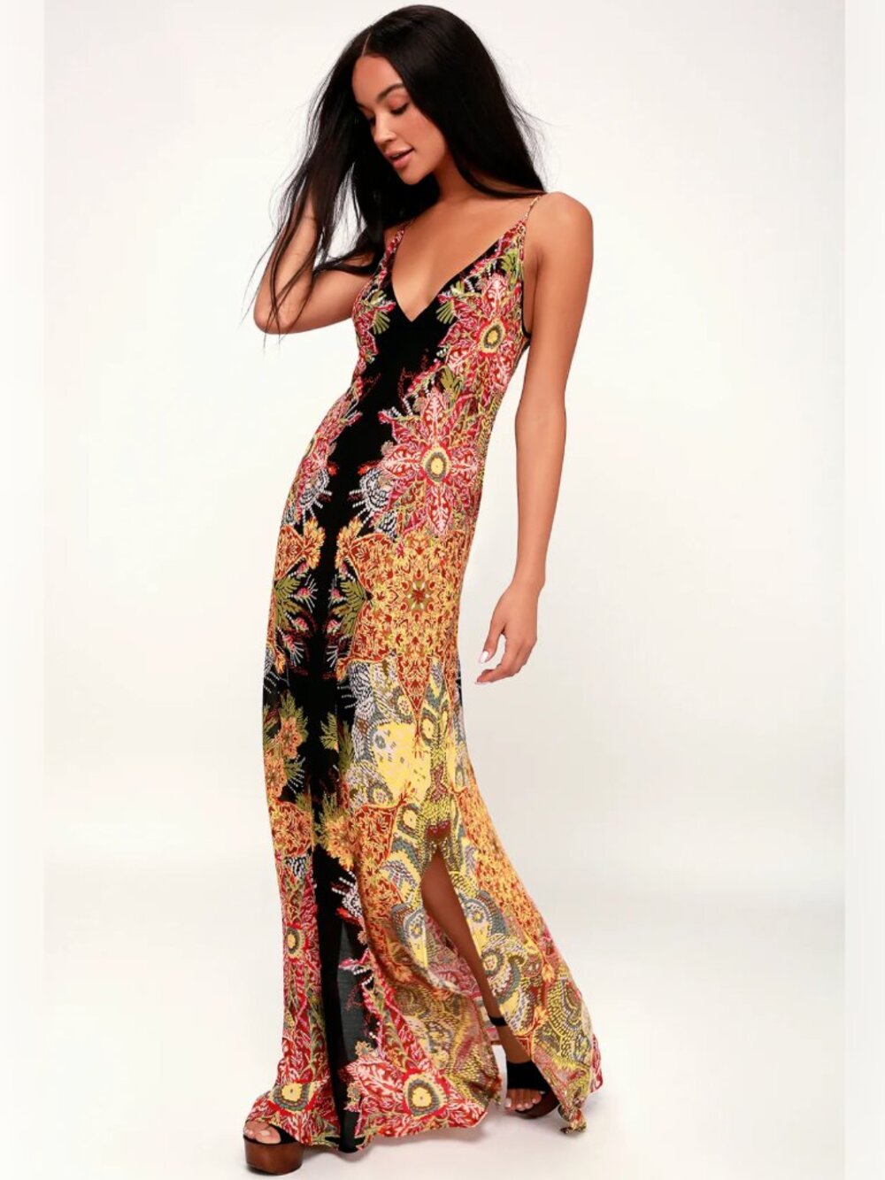 Free People Wildflower Black Multi Print Slip Maxi Dress L Boho Summer - Picture 3 of 14